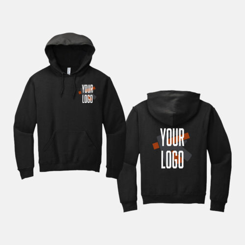 A black hoodie, showing the front and back with a "your logo" placeholder on it.