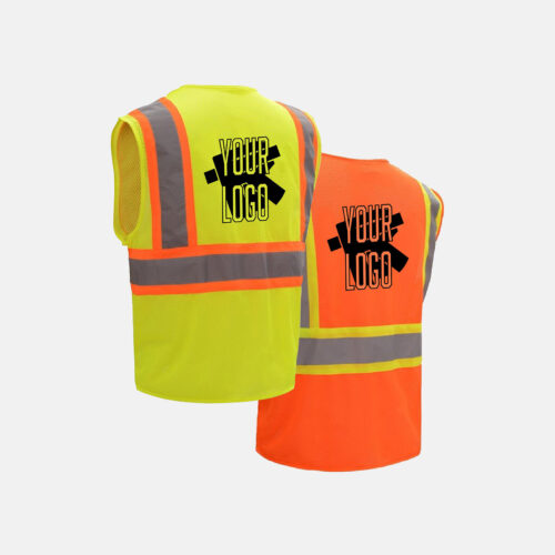 A lime green and orange safety vest