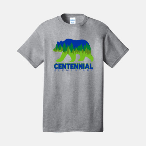 Centennial Elementary T-Shirt, in heather gray color with the school logo on it.