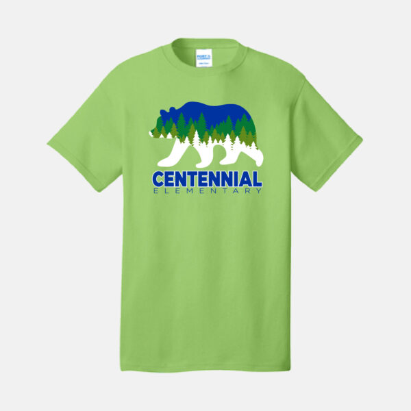 Centennial Elementary T-Shirt, in lime color with the school logo on it.
